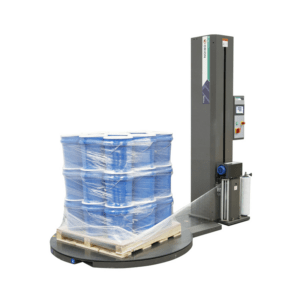 Semi-automatic stretch wrapping machine for use in warehouses to wrap pallets.